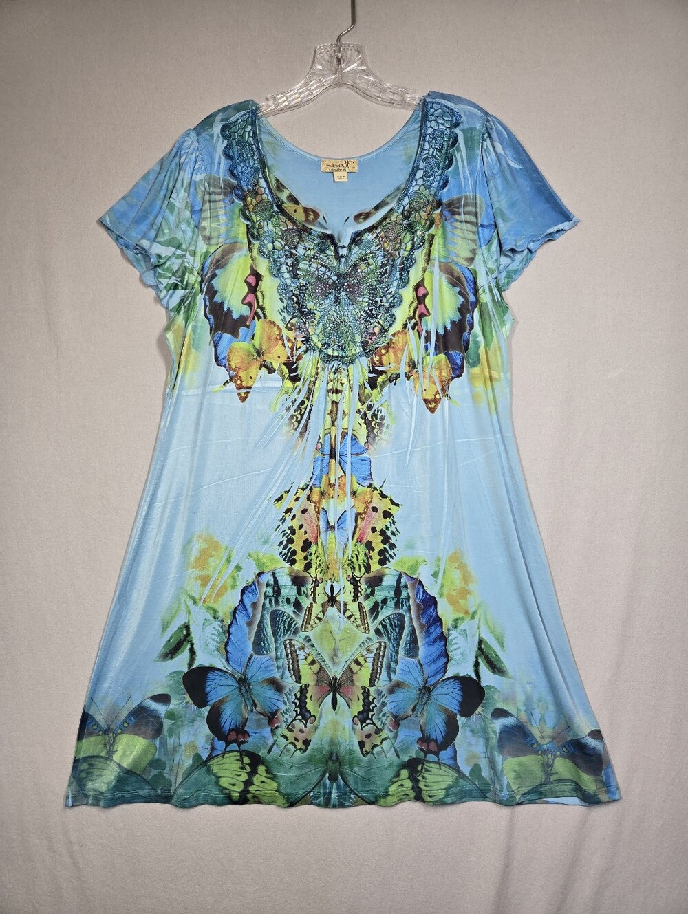 One World Y2K Butterfly Dress Flutter Sleeves Embellised Rhinestone Neckline